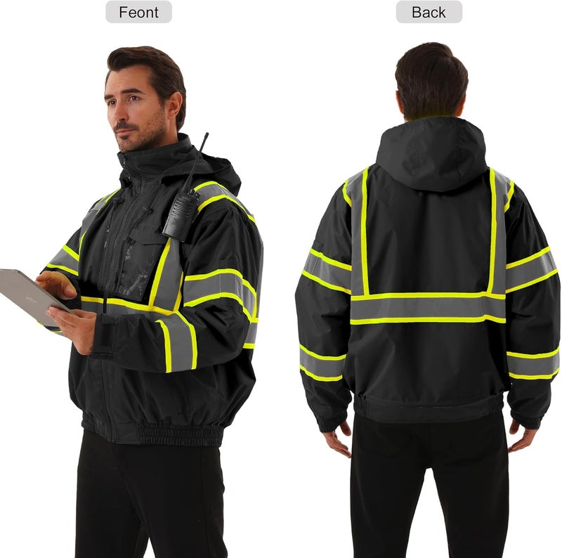 DPSAFETY Hi Vis Safety jacket for men,Reflective high Visibility Hooded jacket,Work Bomber Jacket with Pockets and Zipper,Waterproof,ANSI Class 3 Black,Small - Image 4
